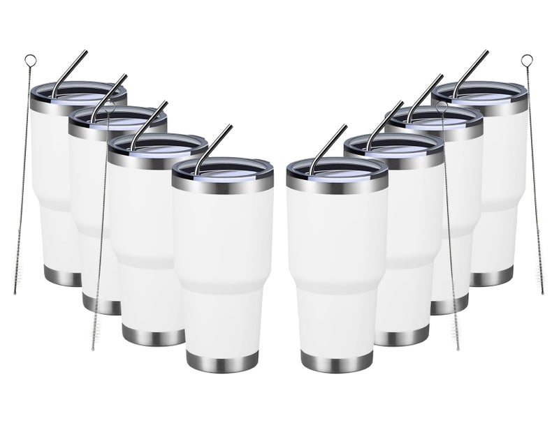 MEWAY 30oz Insulated Tumbler With Lids and Straws,Stainless Steel Double Vacuum Coffee Tumbler Cup, Brush, Durable Powder Coated Coffee Cup for Cold & Hot Drinks, Office, Travel(White,8 PACK) - Image 1
